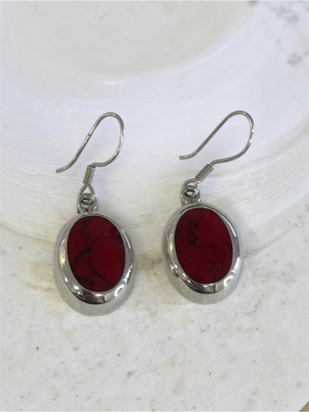 Sterling Silver Red Stone Drop Earrings
